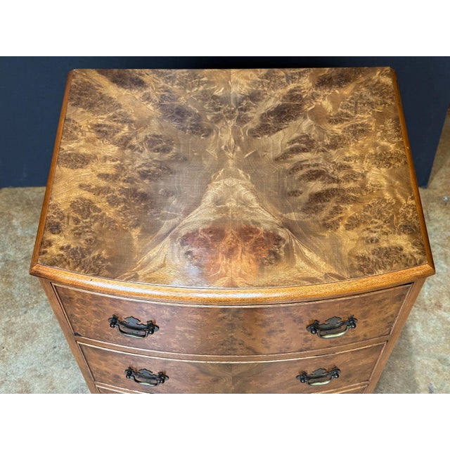 English Bow Front Small Chest of Burr Walnut With Three Drawers For Sale - Image 9 of 14