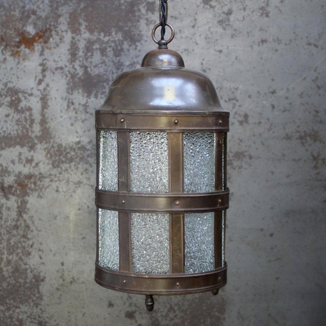 Dutch Arts & Crafts Brass and Glass Cathedral Hall Lantern, 1920s For Sale - Image 4 of 8
