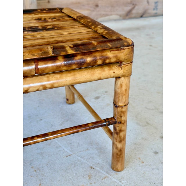 Brighton Pavilion Vintage British Colonial Coastal Scorched Bamboo Stool or Decorative Accent Table For Sale - Image 4 of 11
