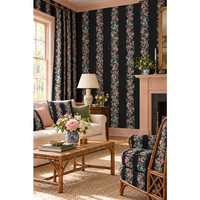Chinoiserie Mahjong Floral Stripe Grasscloth Wallpaper by House Party | Blank Black | 8 Yards For Sale - Image 3 of 11