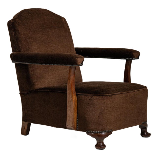 1940-1949 France Deep Espresso Brown Upholstered Wingback Armchair For Sale