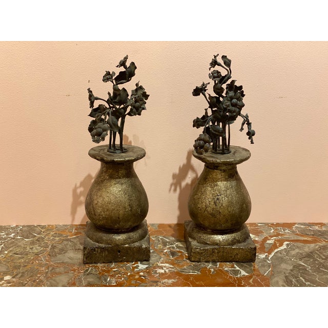 Pair of 19th century wooden finials with black iron flower bouquets. 5.5” Square x 17” High