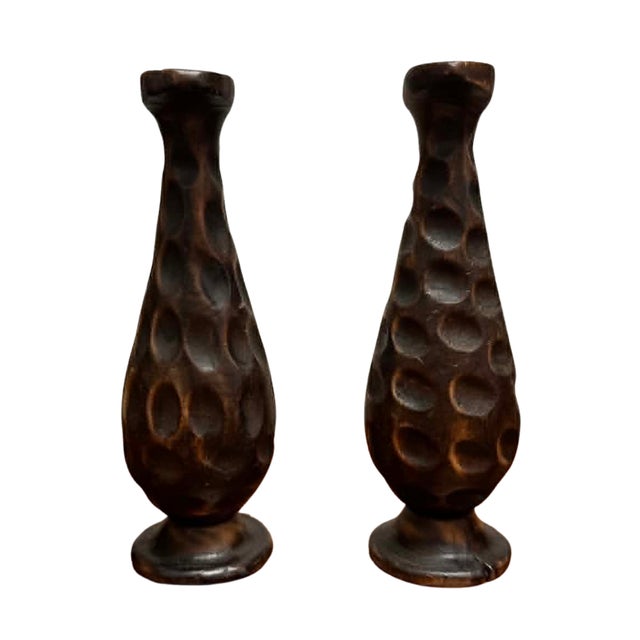 Spanish Pair of Vintage Hand-Carved Spanish Wooden Pitchers With Hammered Texture For Sale - Image 3 of 4