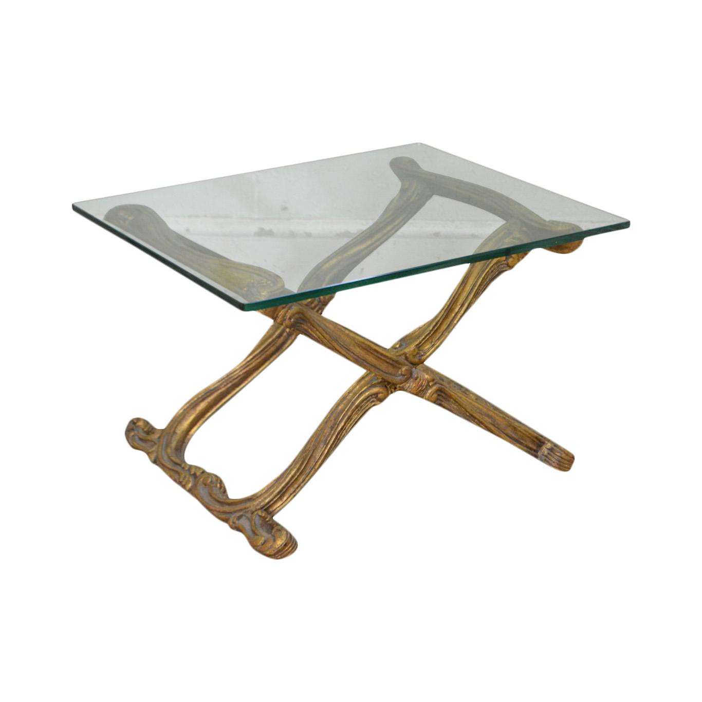 French Louis Xv Style Gilt Wood X Base Glass Top Coffee Table