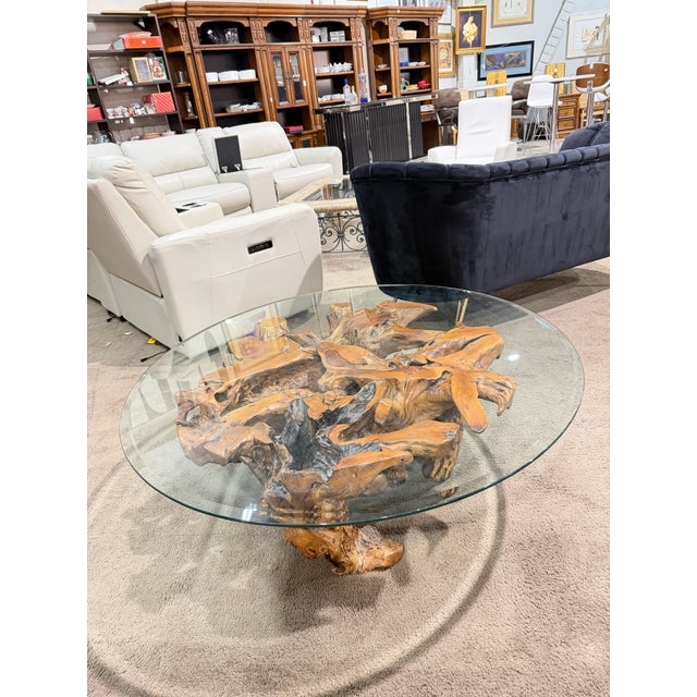 Late 20th Century Teak Root Coffee Table With 48” Round Glass Top For Sale In Las Vegas - Image 6 of 6