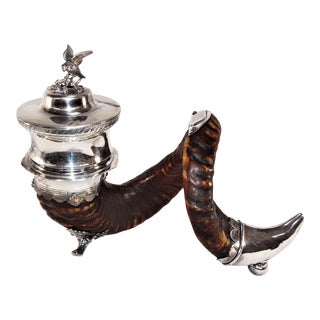 Antique Scottish Silver Plate Mounted Rams Horn With Eagle Snuff Presentation Piece For Sale