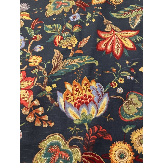 Gorgeous vintage Jay Yang Jacobean floral decorator fabric in a rich navy ground with multicolor stylized blossoms,...