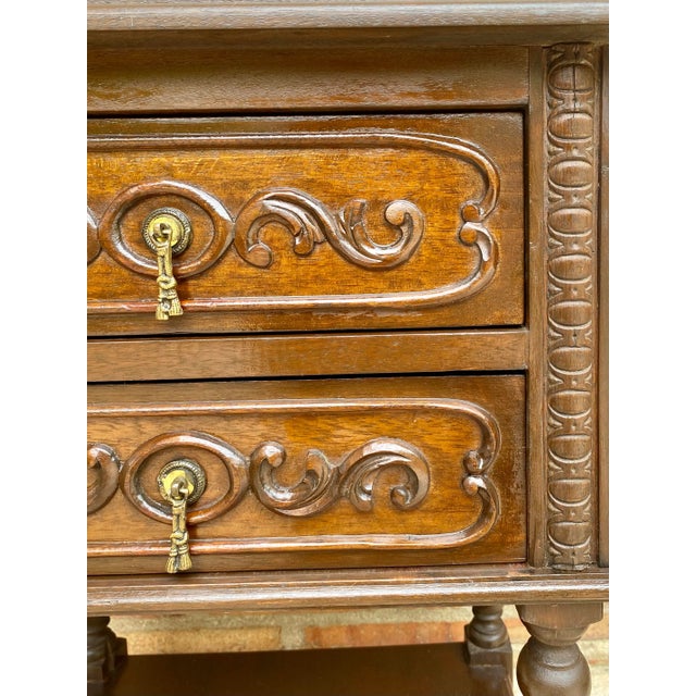 Brown French Nightstands in Carved Walnut Two Drawers and Shelf, Set of 2 For Sale - Image 8 of 11