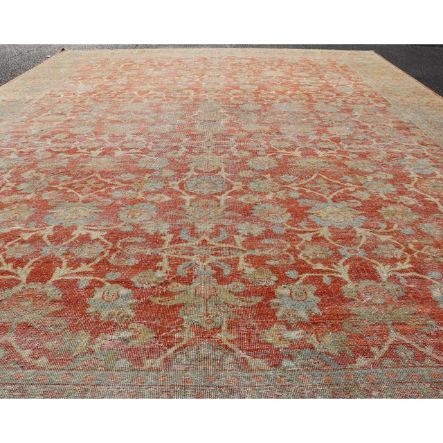 Antique Persian Sultanabad Rug With Floral Soft Red Field and Pale Blue Border For Sale - Image 9 of 15