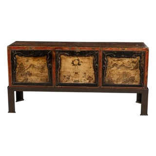 Antique Chinese Hand-Painted Polychrome Credenza / Cabinet on Custom Metal Stand For Sale