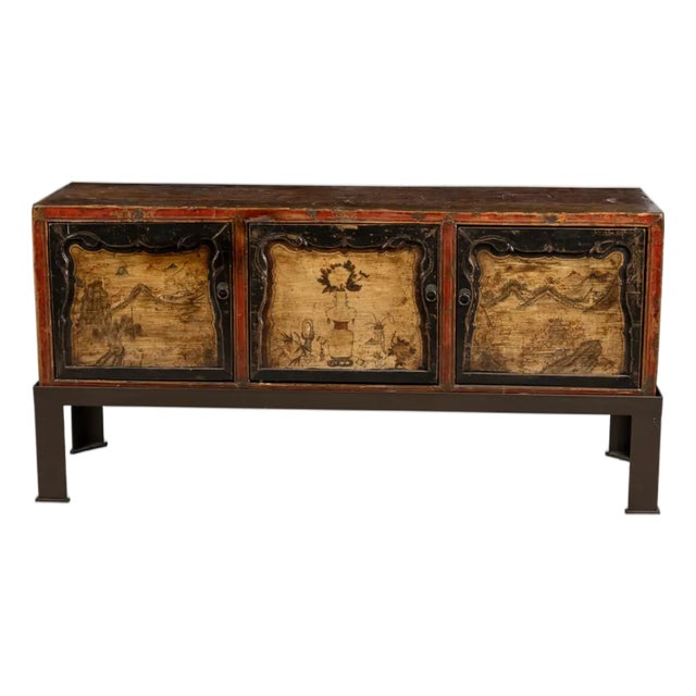 Antique Chinese Hand-Painted Polychrome Credenza / Cabinet on Custom Metal Stand For Sale