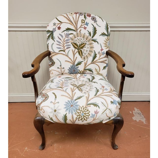 Antique Bergere Queen Anne Style Arm Chair With Crewel Embroidery Upholstery Chairish