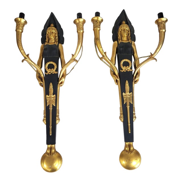 Pair French 19th C Empire Caryatid & Winged Lions Bronze Wall Sconces For Sale