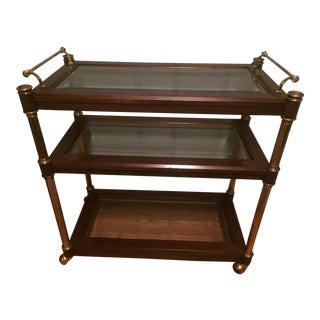 Hollywood Regency Walnut & Brass 3 Tier Bar Cart Server For Sale