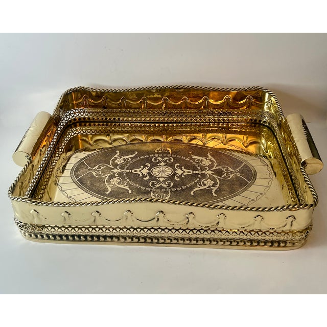 Brass Tray Pierced Decorative Gallery and Large Cylindrical Handl For Sale - Image 9 of 11