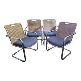 Set of 4 Attributed Chromcraft Cantilever Chairs With Wicker Backrest For Sale