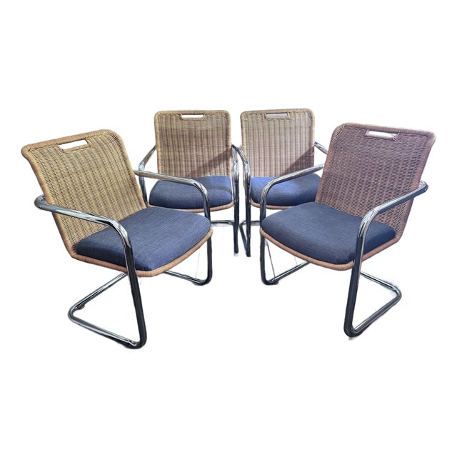 Set of 4 Attributed Chromcraft Cantilever Chairs With Wicker Backrest For Sale