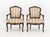Pair of Louis XV Style Walnut Fauteuils, with blue and off-white striped linen upholstery on cabriole legs. 36.5" H x 26"...
