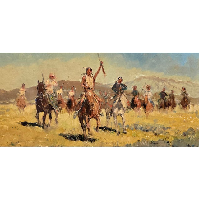 1970s Sheryl Lamar Bodily "Native American Riders Crossing the Frontier" Western Oil Painting For Sale - Image 5 of 12