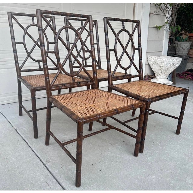 Set of 4 Vintage Faux Bamboo Dining Chair Tortoiseshell 1970 Custom Craftsmanship For Sale In San Diego - Image 6 of 12
