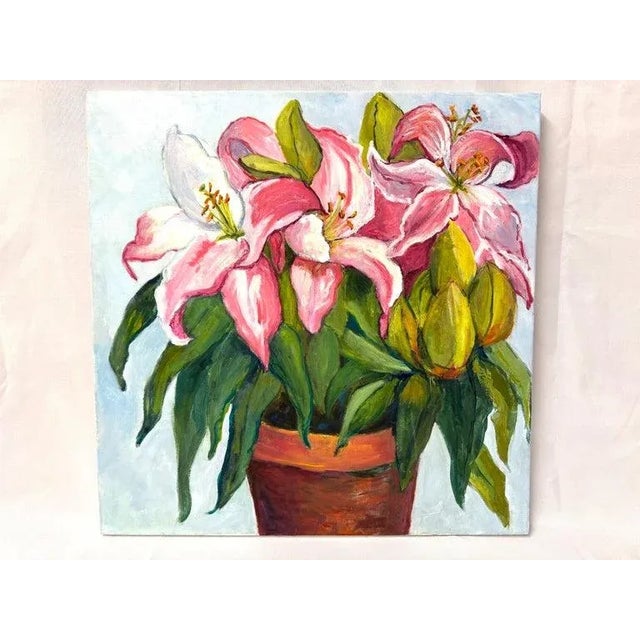 Square Impasto Floral Painting of Lilies For Sale - Image 4 of 18