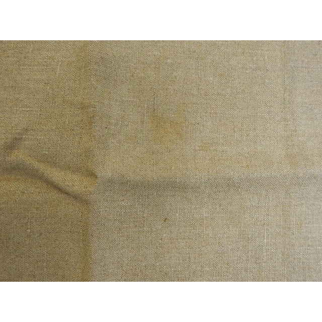 Early 20th century khaki linen table runner with stenciled stylized floral border design. Lighter weight with tight weave...