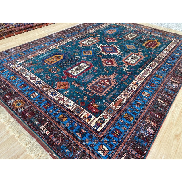 Vintage Teal Wool Kazak-Style Tribal Rug 9 X 13 For Sale - Image 11 of 17