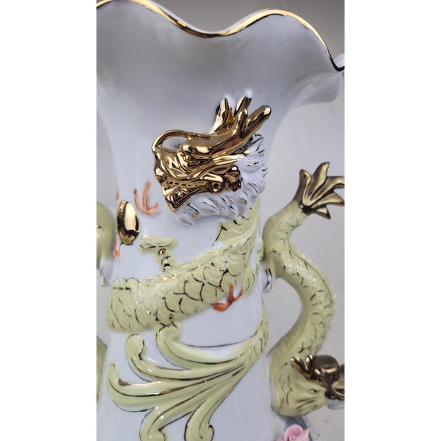 White Vintage Large Porcelain Dragon Handle Reticulated Floral Vase Gold Gilt For Sale - Image 8 of 18