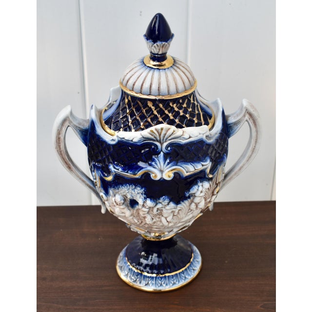 Italian Ceramic Lidded Urn Capodimonte Cobalt Blue Gold Relief Cherubs 70s For Sale - Image 13 of 16