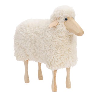 White Curly Wool + Pinewood Small Sheep Ottoman For Sale