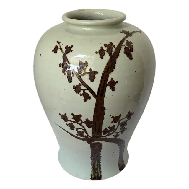 Chinese Pottery Large Floor Vase Rusty Brown Twisted Tree Stoneware For Sale