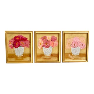 Impressionist Style Floral Still Life Original Acrylic Paintings (Triptych -Set of 3) Framed For Sale