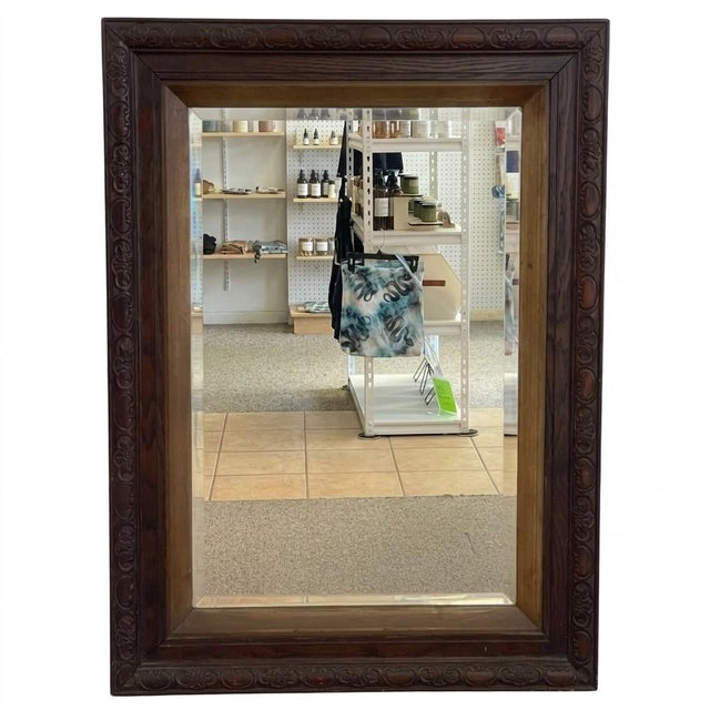 Late 19th Century Victorian 1890s Uk Import Carved Oak Wall Mirror With Beveled Glass and Hanging Chain. For Sale - Image 5 of 10