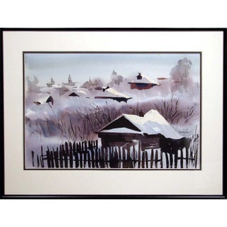 1980s "Snowy Dawn" Abstract Winter Landscape Watercolor Painting by Doug Lew, Framed For Sale