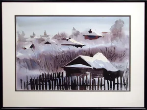 1980s "Snowy Dawn" Abstract Winter Landscape Watercolor Painting by Doug Lew, Framed