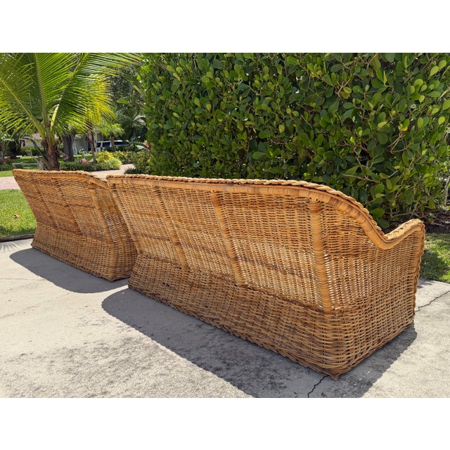 Vintage 72” Handwoven Rattan Sofas With Large Braid Trim, Pair For Sale In Naples, FL - Image 6 of 17