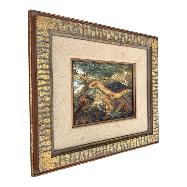 An expressive vintage oil painting on Masonite depicting a long-legged shorebird standing among coastal rocks. Executed...