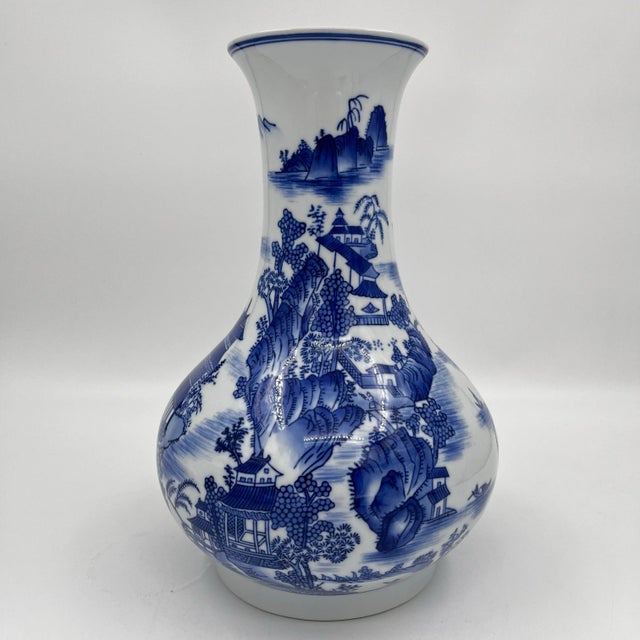 Ceramic Vintage Bombay Company Blue and White Chinoiserie Pagoda Vase 12"h For Sale - Image 7 of 11