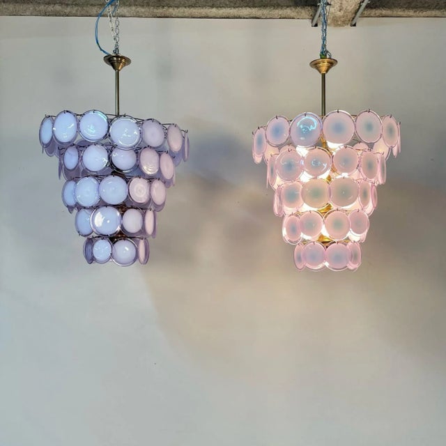 Pair Murano Disc Mid-Century Modern Tiered Chandelier, Antiqued Brass, New Wired For Sale - Image 4 of 13