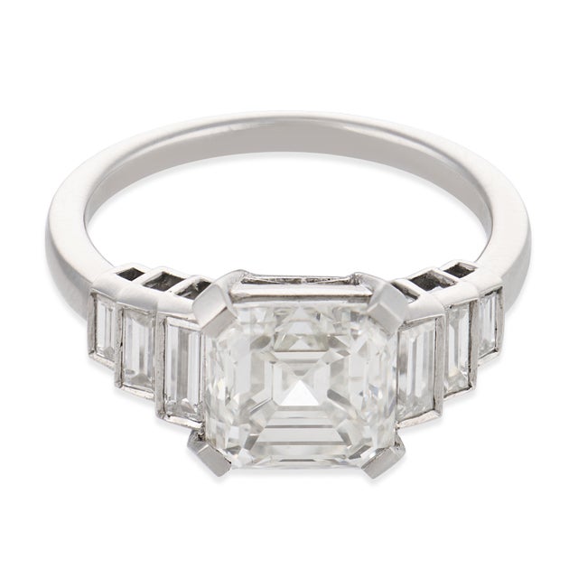 Modern Early 20th Century Art Deco Style Gia 3.00 Carat Asscher Cut Diamond Platinum Engagement Ring, Size 6.75 For Sale - Image 3 of 5