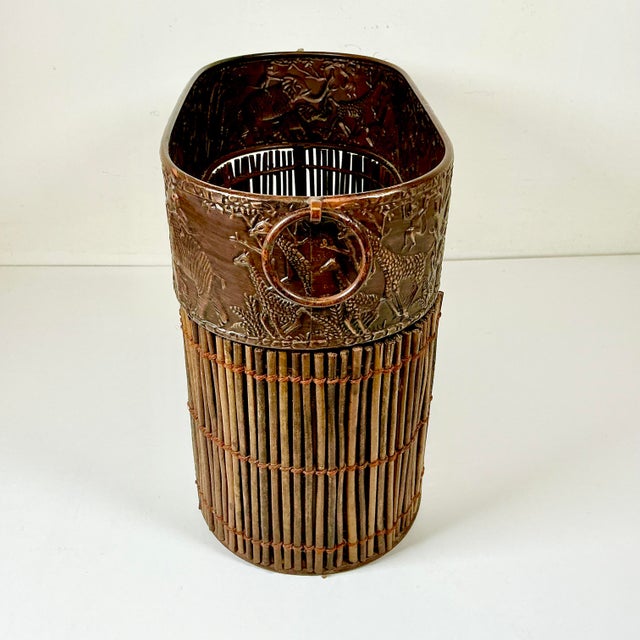 Chestnut 1980s Vintage Boho Chic Safari Coastal Tole Elephant, Monkey & Giraffe Faux Wood Bamboo Wastebasket For Sale - Image 8 of 16