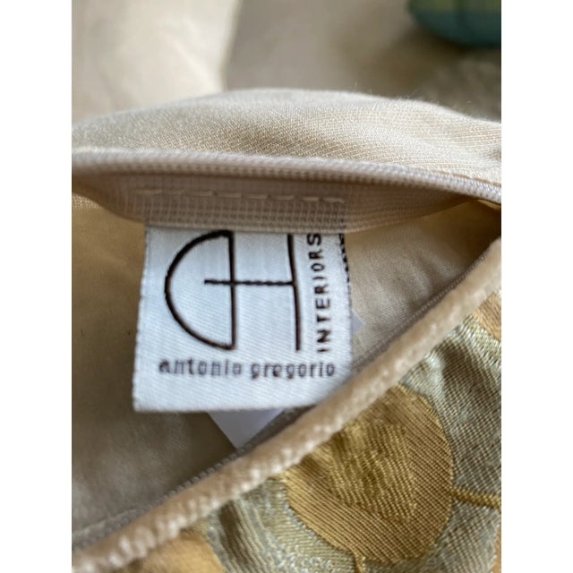 Textile Designer Pillows in Olive Green on Ice Blue - A Pair For Sale - Image 7 of 10