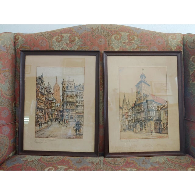 Vintage 1946 Colored Pencil Drawings of German Cityscapes - a Pair, Framed For Sale - Image 9 of 9
