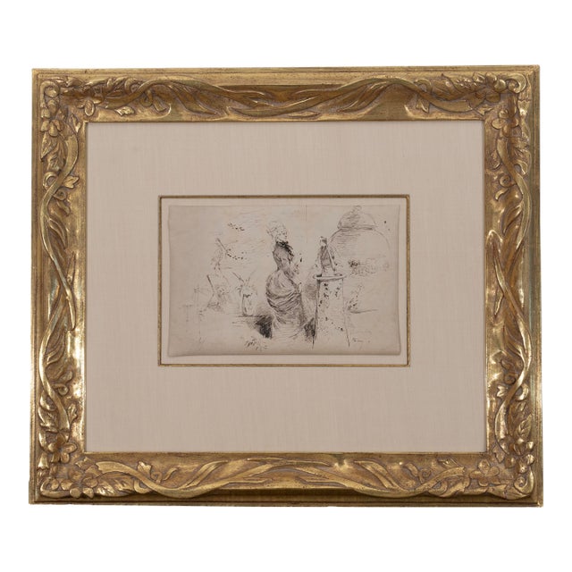 Mid 19th Century Original Henry Somm, Surprise, Graphite on Paper, Genuine 22k Gold Leaf, Museum Quality Gilded Frame. For Sale