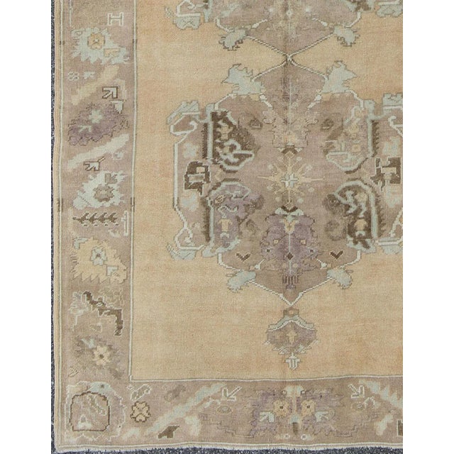 Tribal Vintage Turkish Oushak Gallery Rug in Soft Camel, Taupe, and Muted Blue Tones For Sale - Image 3 of 9