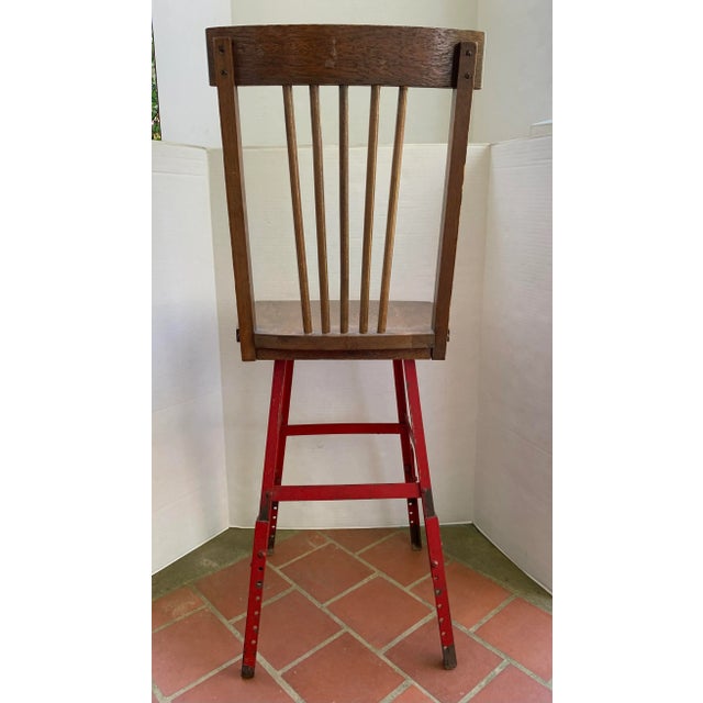 Vintage Industrial Stool Oak Wood and Red Steel For Sale - Image 4 of 12
