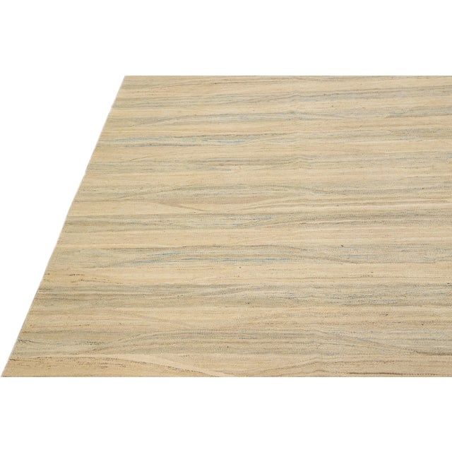 Beige Modern Kilim Handmade Abstract Striped Motif Flatweave Oversize Wool Rug For Sale - Image 9 of 10