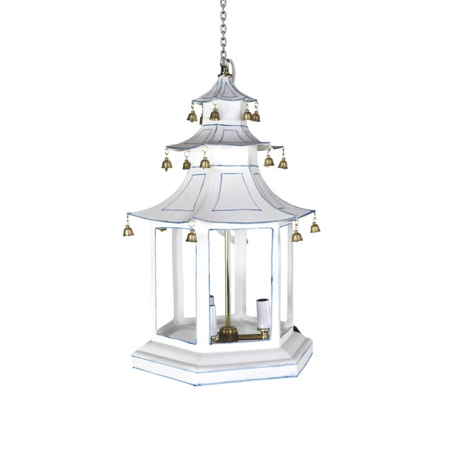 Traditional A Three-Tiered Pagoda-Topped Lantern Chandelier Adorned With Blue Details and Gold Hanging Bells. For Sale - Image 3 of 9
