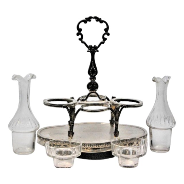 Silver Embossed Liqueur Bottle with Cut Glass Cruets and Containers for Salt and Pepper, Set of 5 For Sale