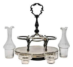 Silver Embossed Liqueur Bottle with Cut Glass Cruets and Containers for Salt and Pepper, Set of 5